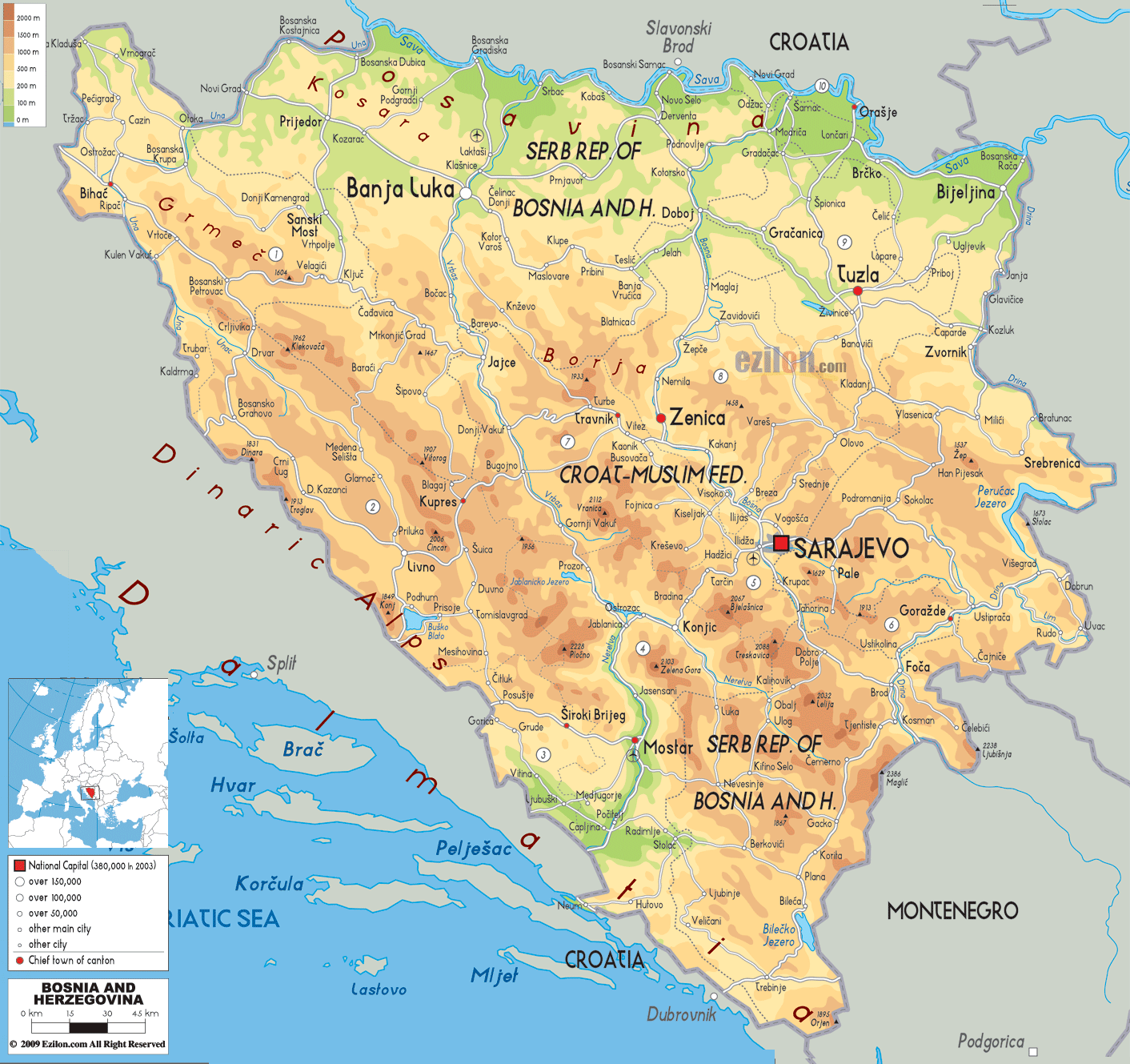 physique carte du Bosnie Herzegovine